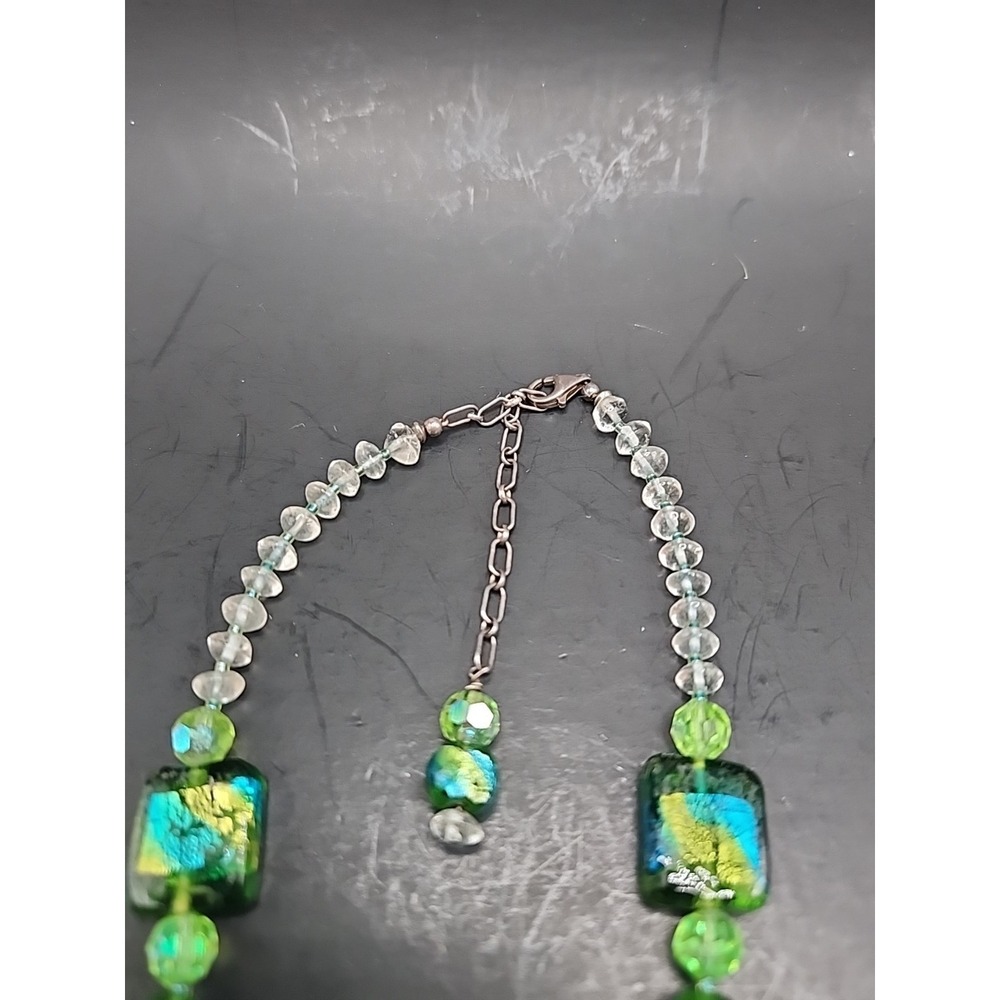 Vintage Handcrafted Art Glass Beaded Necklace Green, Blue, Metallic Foil 21" - Picture 13 of 16
